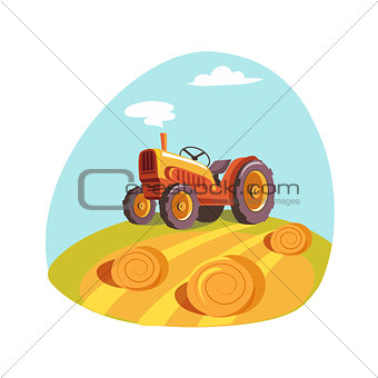 Tractor Standing On The Field With Hay Stacks, Farm And Farming Related Illustration In Bright Cartoon Style