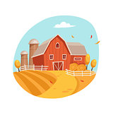 Autumn Scenery With House And Barn On The Field, Farm And Farming Related Illustration In Bright Cartoon Style