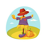 Scarecrow In Clothes Standing On A Field With Pumpkin Under , Farm And Farming Related Illustration In Bright Cartoon Style