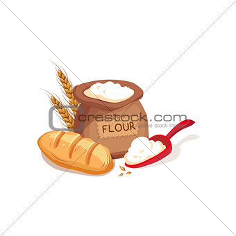 Cloth Sack Of Flour, Scooper And Fresh Bread Set, Farm And Farming Related Illustration In Bright Cartoon Style