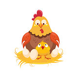 Mother And Baby Chicken In The Nest With Couple Of Eggs, Farm And Farming Related Illustration In Bright Cartoon Style