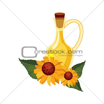 Sunflower Seeds Oil Glass Bottle and Sunflowers, Farm And Farming Related Illustration In Bright Cartoon Style