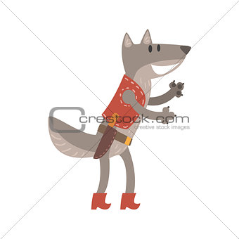 Wolf In Leather Vest With Knife, Forest Animal Dressed In Human Clothes Smiling Cartoon Character