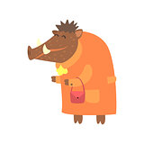 Wild Boar Dressed As Old Lady With Coat And Purse, Forest Animal Dressed In Human Clothes Smiling Cartoon Character