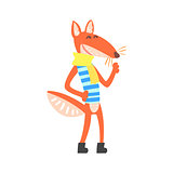 Fox In Stripy Sleeveless Marine Top And Scarf, Forest Animal Dressed In Human Clothes Smiling Cartoon Character