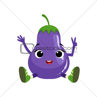 Big Eyed Cute Girly Eggplant Character Sitting, Emoji Sticker With Baby Vegetable