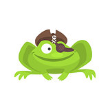Green Frog Funny Character With Pirate Hat And Eye Patch Smiling Childish Cartoon Illustration