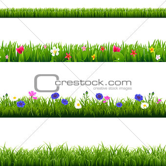 Big Set Green Grass And Spring Flowers Borders