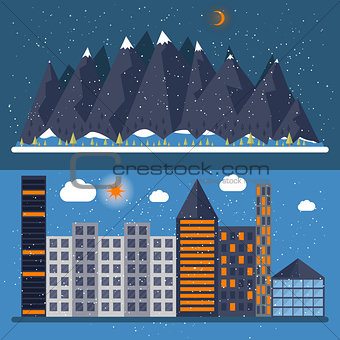 Vector illustration of a flat design with city
