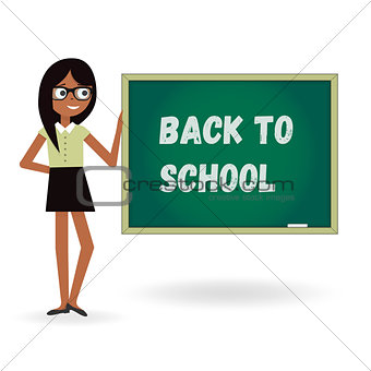 Teacher woman back to school with board. Cartoon template illustration.