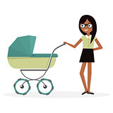 Mother with baby stroller. Cartoon illustration young woman and pram.
