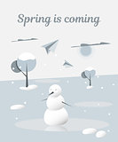 Spring is coming. Snowman melts. Vector illustration for a book, booklet or magazine.