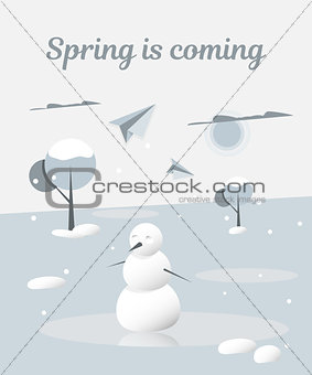 Spring is coming. Snowman melts. Vector illustration for a book, booklet or magazine.