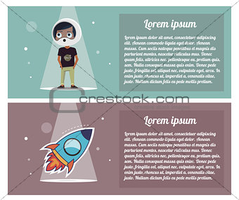 Modern horizontal banners, boy astronaut, rocket creative idea, missiles, recruitment flyers, cover infographics.