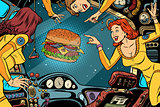 Women astronauts in the cabin of a spaceship and Burger