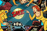 Sale and Women astronauts in the cabin of a spaceship looking ou