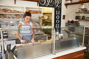 Woman working behind the counter at a sandwich bar
