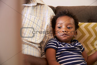 Grandfather And Grandson Sit On Sofa At Home Using Laptop