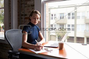 Businesswoman Working On Laptop And Making Notes On Document