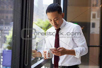 Asian businessman using phone in modern office, close up
