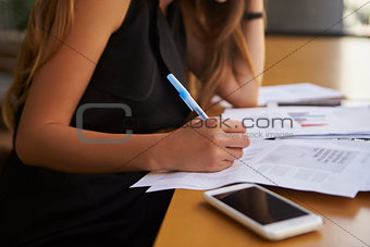 Businesswoman writing in an office, mid section, side view