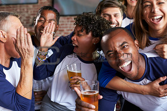 Portrait Of Friends Watching Game In Sports Bar On Screens