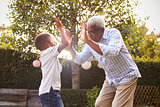 Black grandfather playing with his grandson in a garden