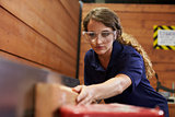 Female Carpenter Using Plane In Woodworking Woodshop