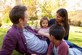 Young mixed race family relaxing together in a park