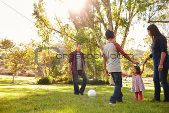 Young mixed race family playing with ball in a park, backlit