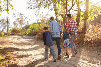 Young white family walking on a path in sunlight, back view