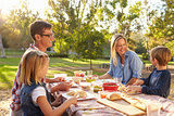 Young white family enjoying a picnic at a table in a park
