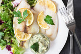 steamed tilapia fish with salad and tartar sauce with appliances