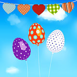 Easter eggs balloons flying over blue sky