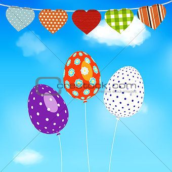 Easter eggs balloons flying over blue sky