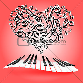 St. Valentine love card with hearts and piano keys. Music of lov
