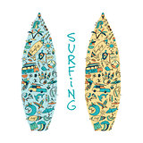 Surfboard sketch, design made from surf icons set