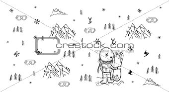 Girl with snowboard, winter background sketch design