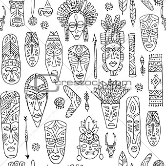 Tribal mask ethnic, seamless pattern, sketch for your design