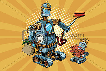 Family retro robots dad and baby