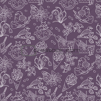 Spring thin line seamless pattern with vector icons.