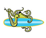 Octopus with surfboard illustration on white
