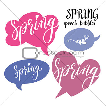 Speech bubbles set with Spring word. Hand drawn vector