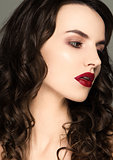 Beauty red lips makeup fashion model curly hair