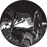 Belfry Tower On Hill Trees Circle Woodcut
