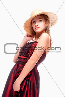 Girl in Red Dress and Stray Hat on her Head