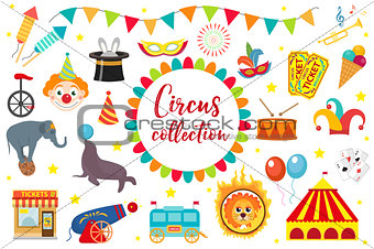 Circus Collection, flat, cartoon style. Set isolated on a white background. Kit with elephant, tent, lion, Sealion, gun, clown, tickets. Design elements. Vector illustration, clip art.