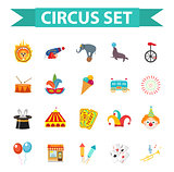 Circus icon set, flat, cartoon style. Set isolated on a white background with elephant, lion, Sealion, gun, clown, tickets. Design elements. Vector illustration, clip art.