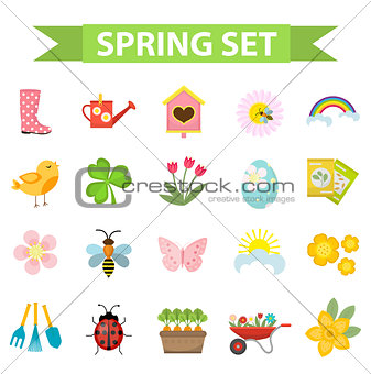 Spring icons set, flat style. Gardening cute collection of design elements, isolated on white background. Nature clip art. Vector illustration.