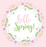 Hello Spring floral frame for text, isolated on white background. Spring template for your design, cards, invitations, posters. Vector illustration.